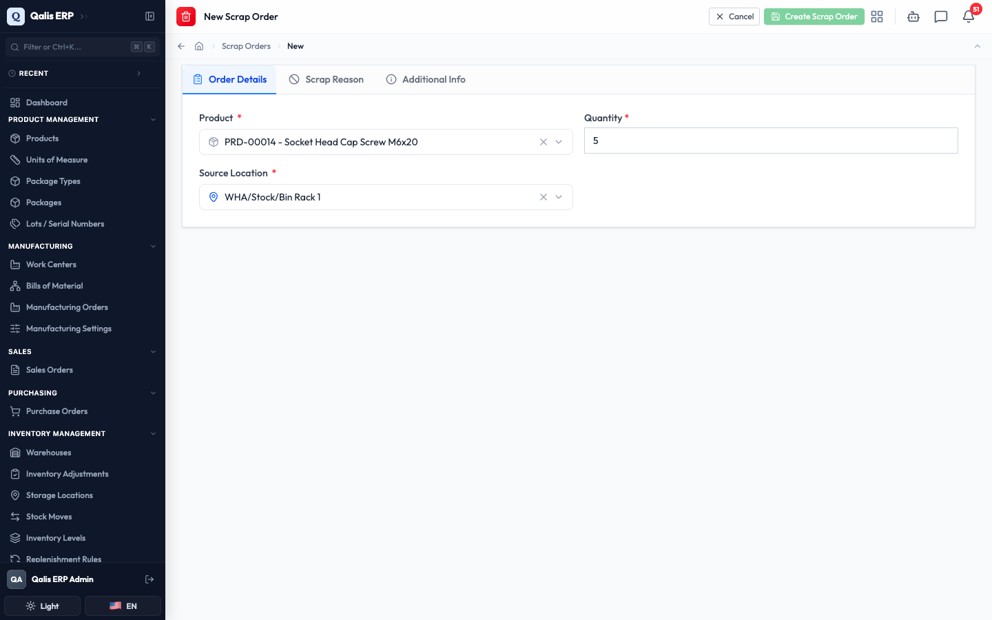 The Order Details tab filled in with a product, a quantity of 5, and a source location