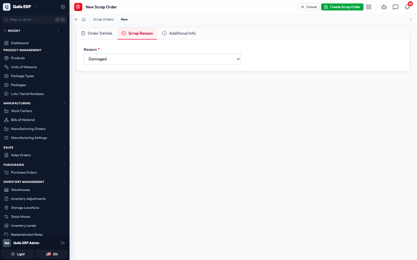 The Scrap Reason tab with Damaged selected