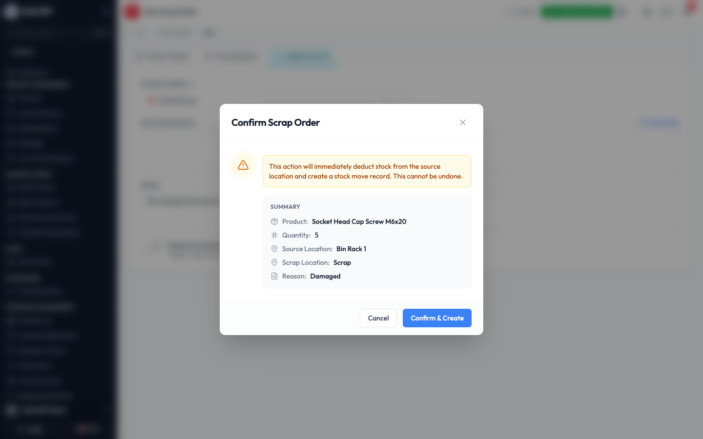 The confirmation box summarizing the scrap order before it is created