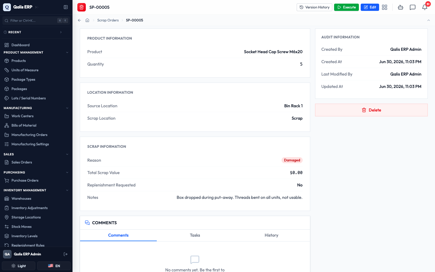 The new scrap order's detail page, saved as a draft, with Execute and Edit buttons at the top