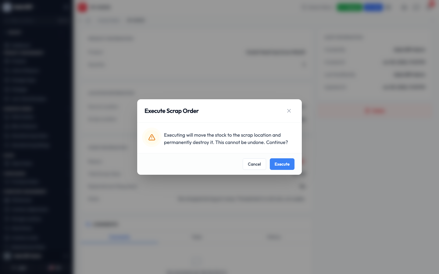 The Execute confirmation box warning that the stock will be permanently destroyed