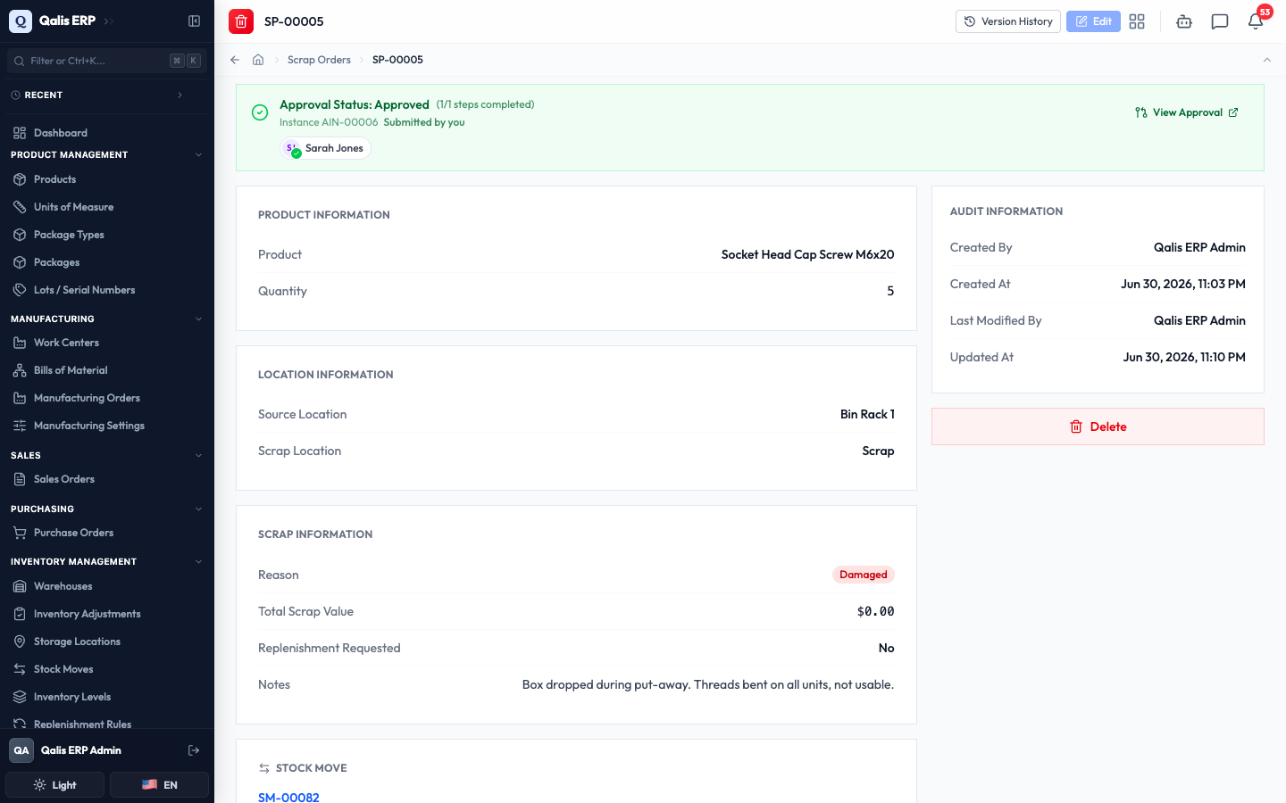 The executed scrap order, approved, showing the linked Stock Move and a disabled Edit button
