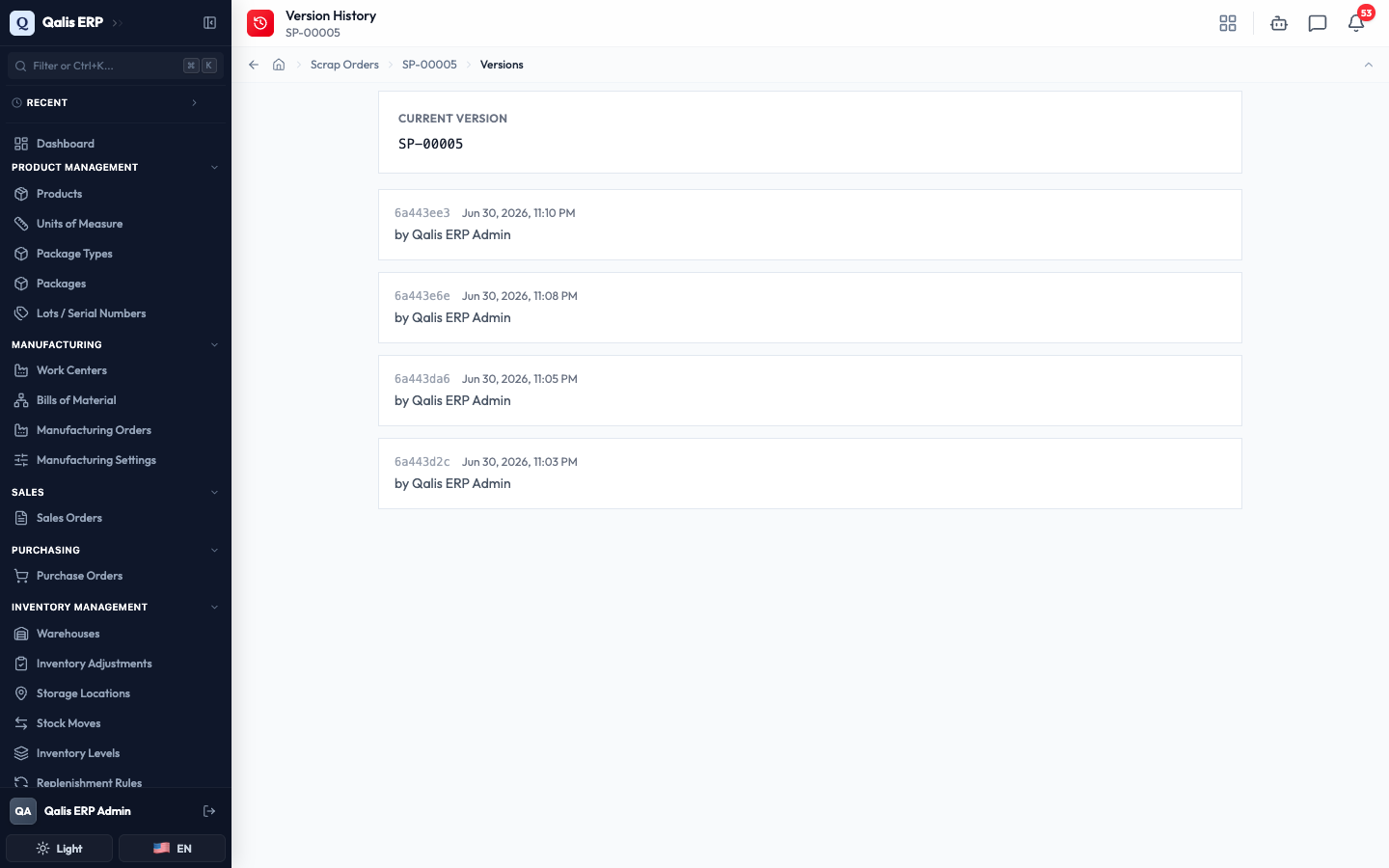 The version history of a scrap order, showing each saved state with who made the change and when
