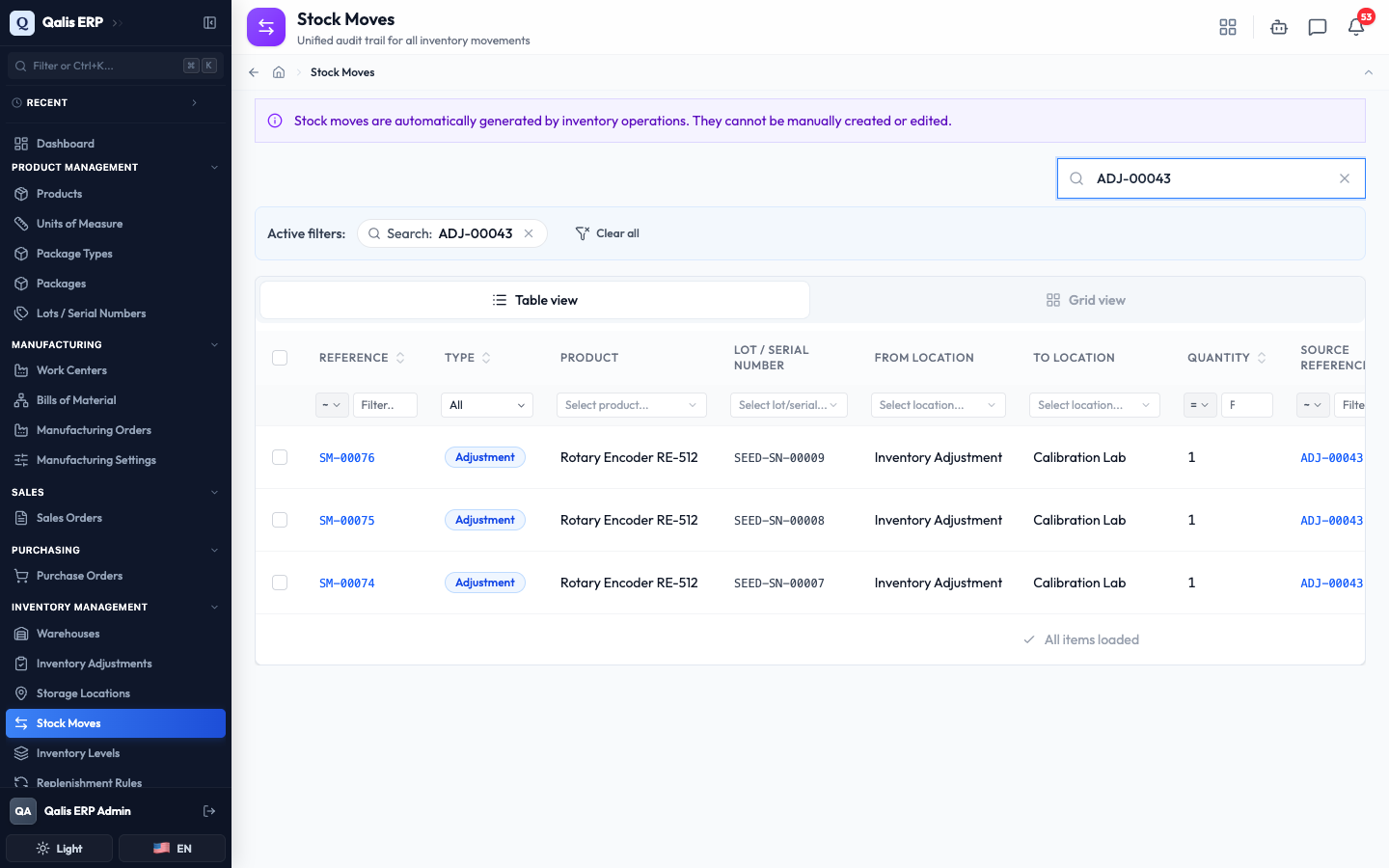 Searching for a source reference narrows the log to the moves it produced