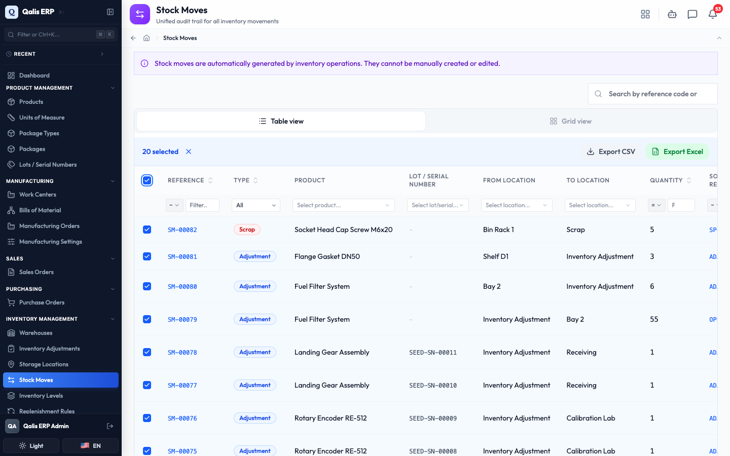 Selecting moves reveals the Export CSV and Export Excel buttons