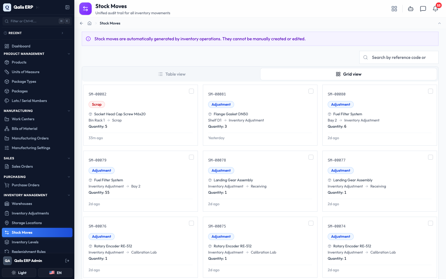 Grid view shows each stock move as a card