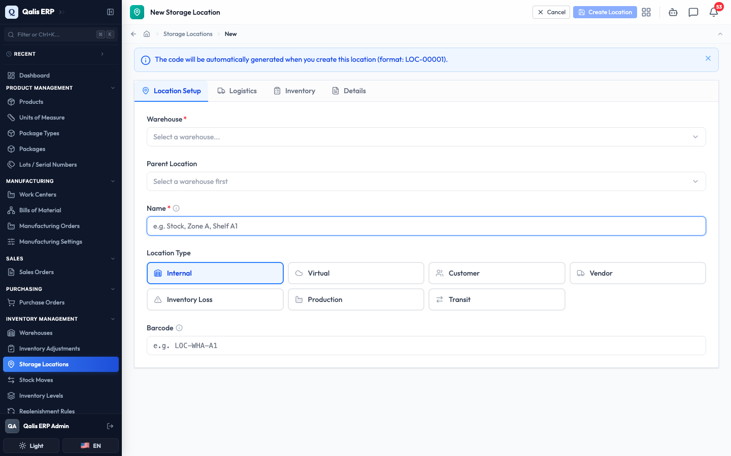 The new location form, open on the Location Setup tab