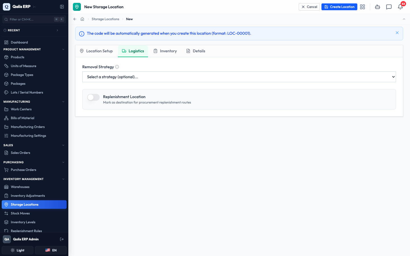 The Logistics tab with the optional removal strategy and replenishment settings
