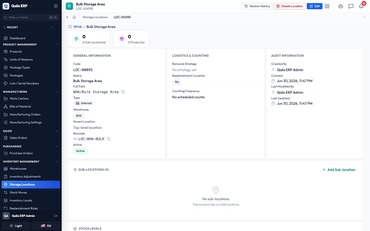 The new location's detail page right after it is created