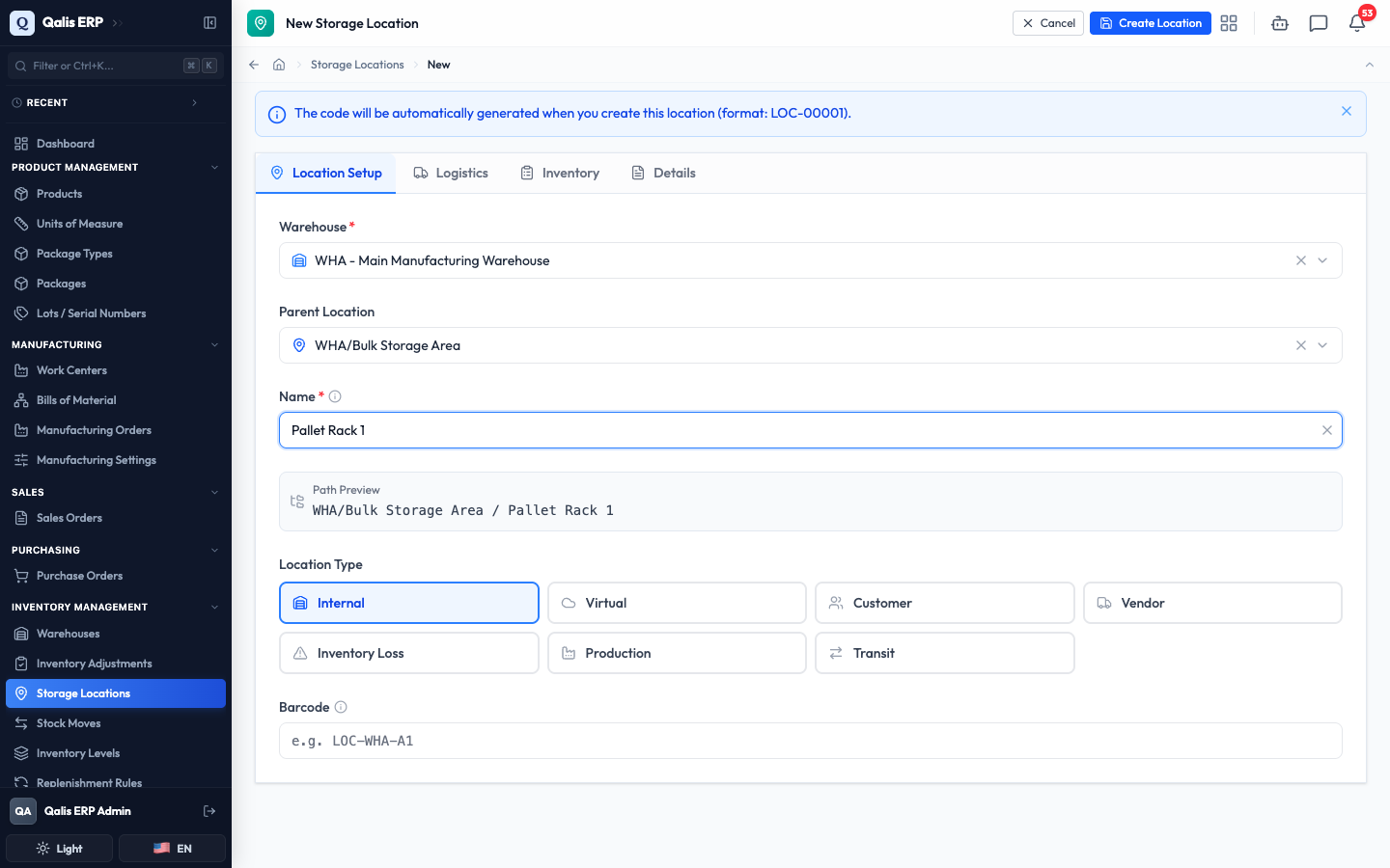 The Add Sub-location form, pre-filled with the parent location
