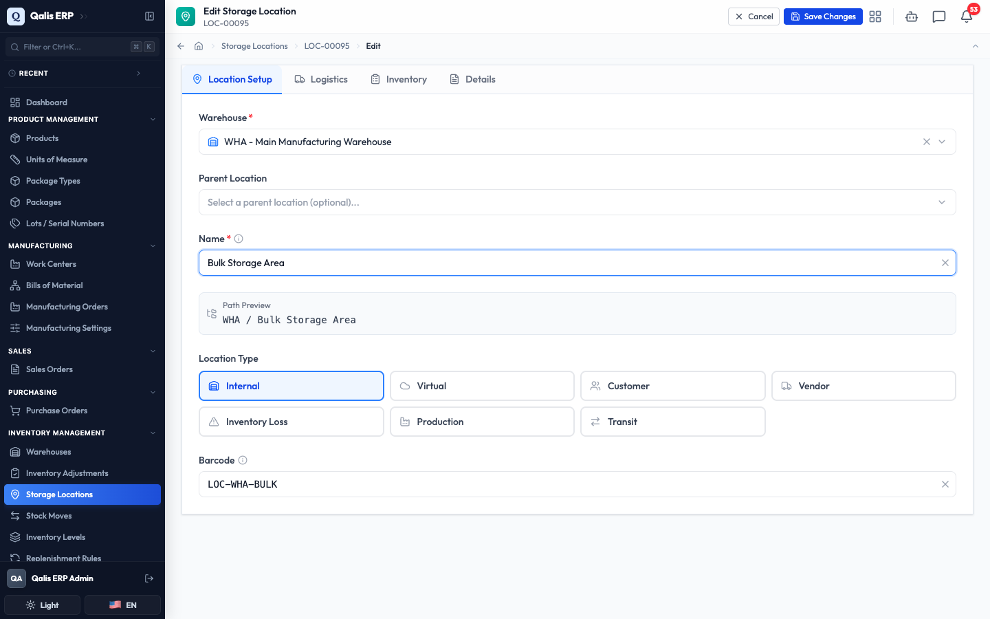 The edit form, pre-filled with the location's current details