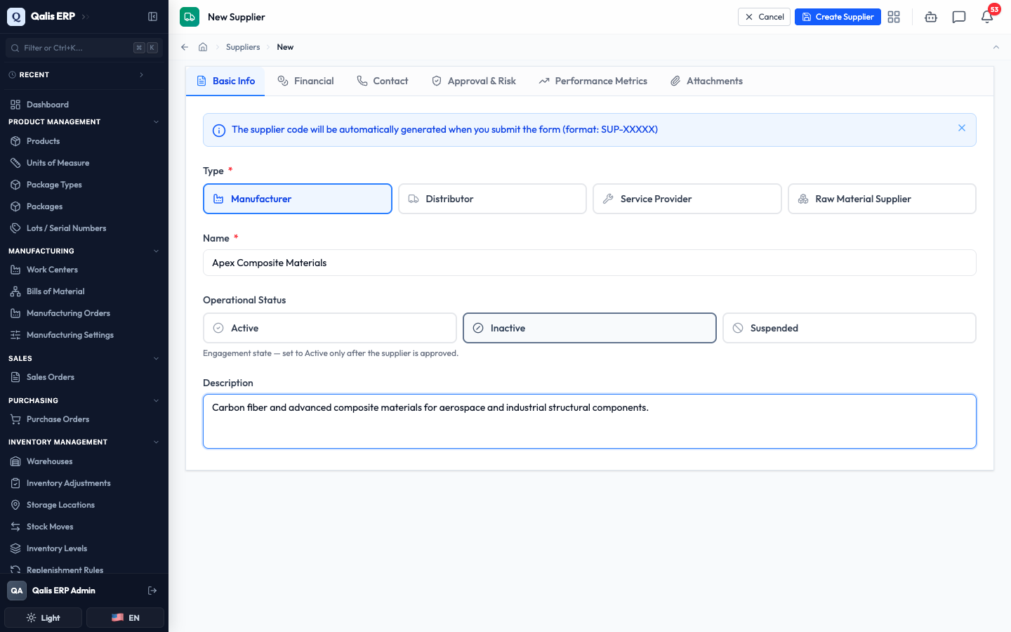 The Basic Info tab with type, name, operational status and a description filled in