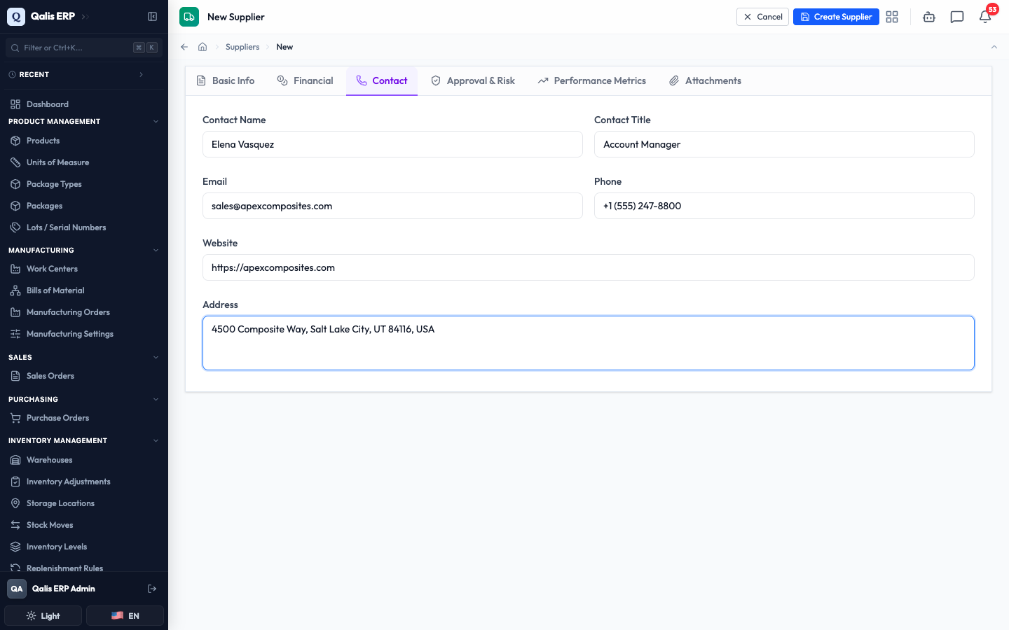 The Contact tab with the contact person, email, phone, website and address filled in
