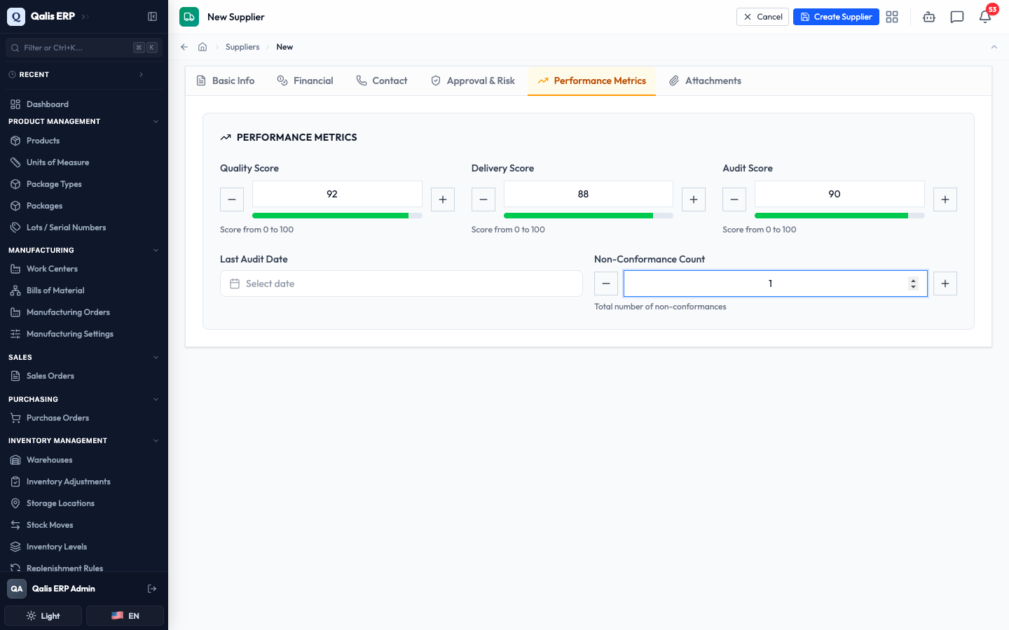The Performance Metrics tab with quality, delivery and audit scores entered