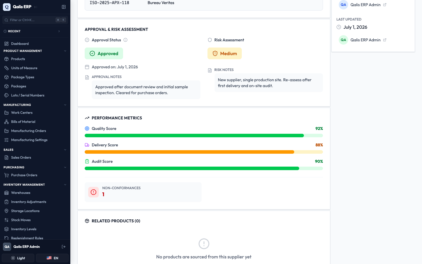 The supplier's Approval and Risk section now showing the Approved status with the approval date and note
