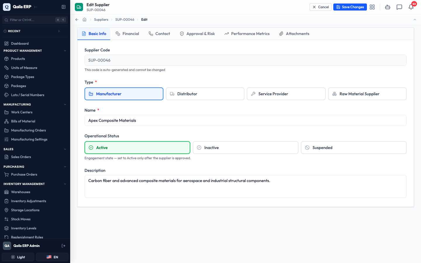 The edit form on the Basic Info tab with the operational status changed to Active