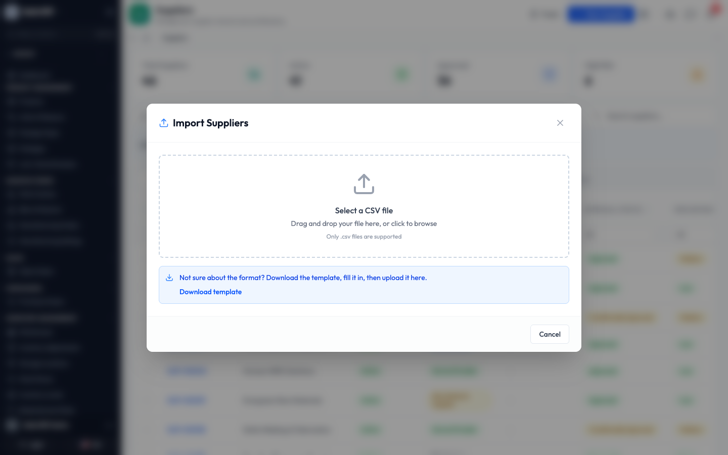 The import window with a drop area for a CSV file and a download template link