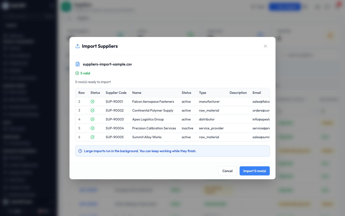 The import preview showing five valid rows ready to import