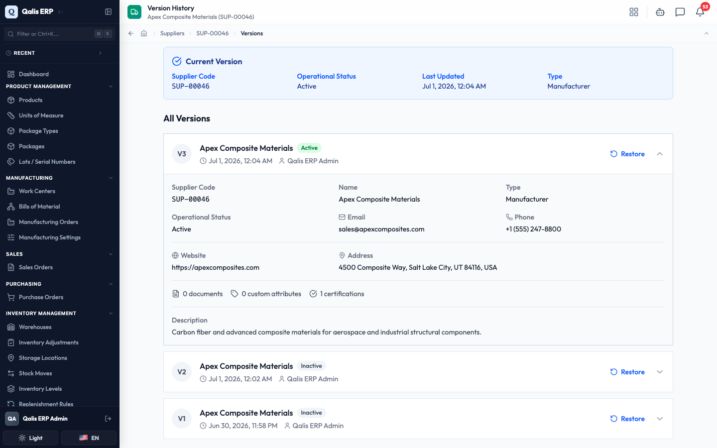 The version history with the latest version expanded, showing the supplier's details at that point and the status changing from Inactive to Active across versions