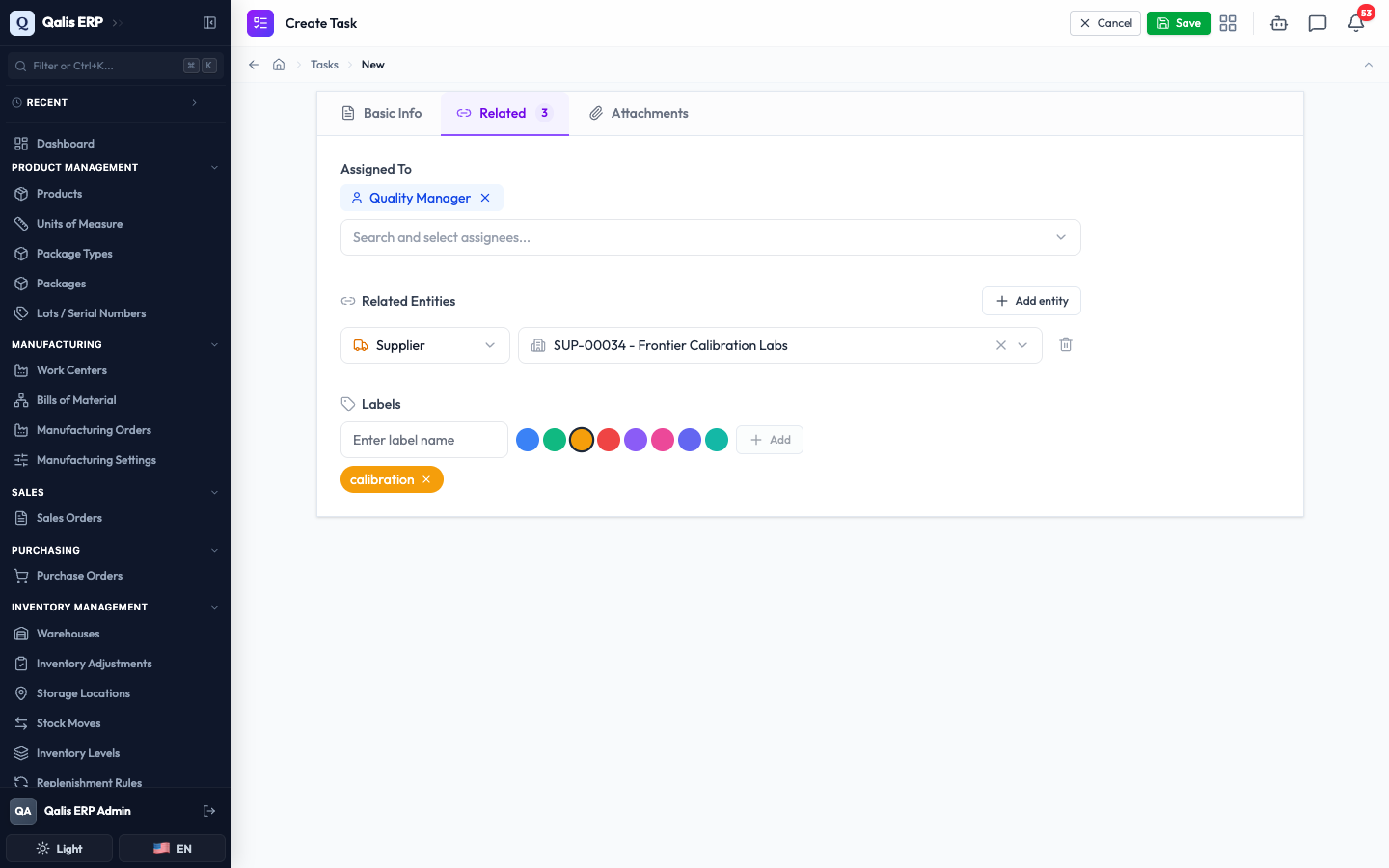 The Related tab with an assignee, a linked supplier, and a colored label added