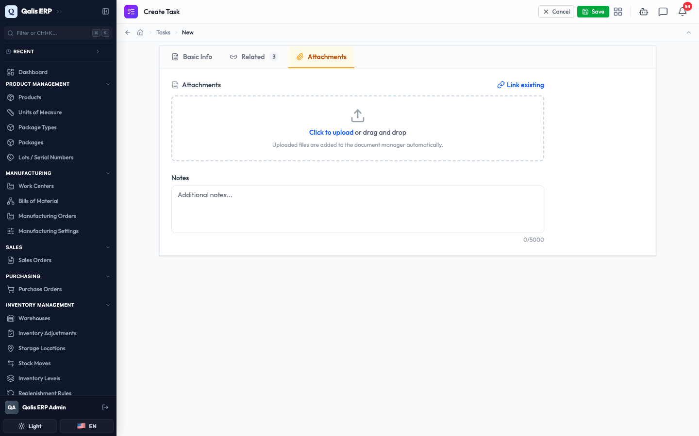 The Attachments tab with an upload area, a Link existing button, and a Notes field