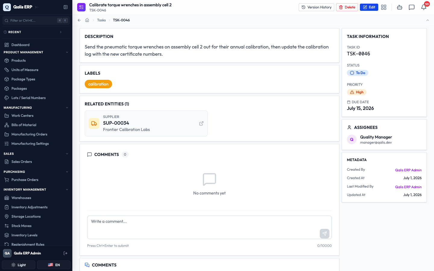 The new task saved, showing its description, label, linked supplier, and a sidebar with its status, priority, due date, and assignee