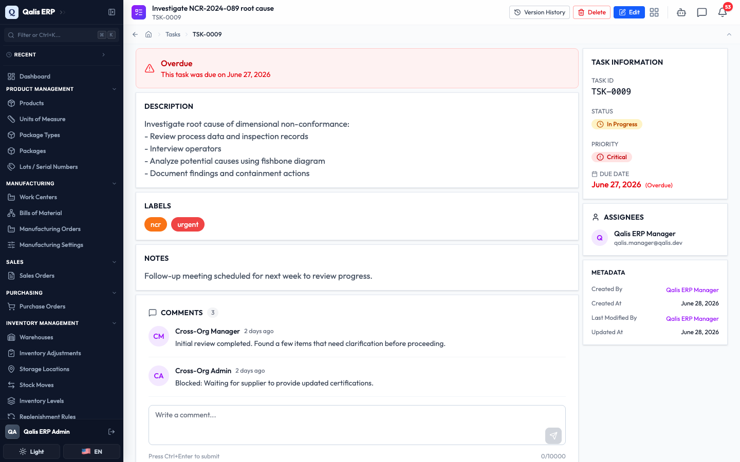 A task detail page with an Overdue banner, description, labels, and a sidebar showing status, priority, due date, and assignee