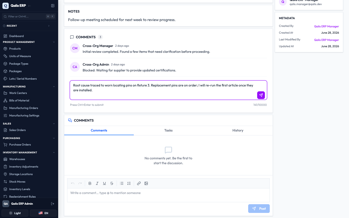 A comment typed into the box on a task, ready to post, below two earlier comments