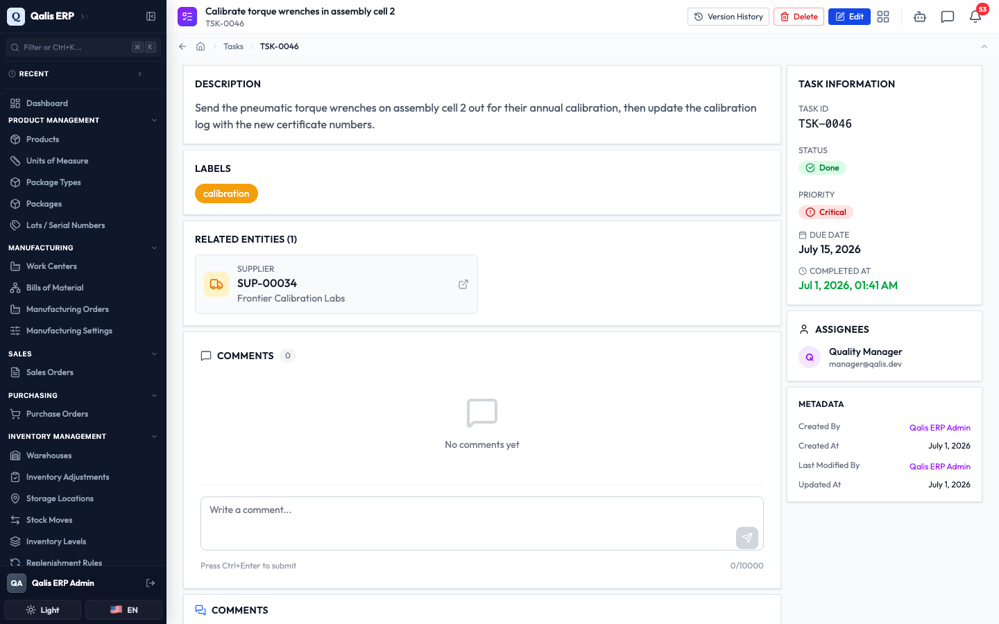 The task detail page after editing, with the priority now showing Critical