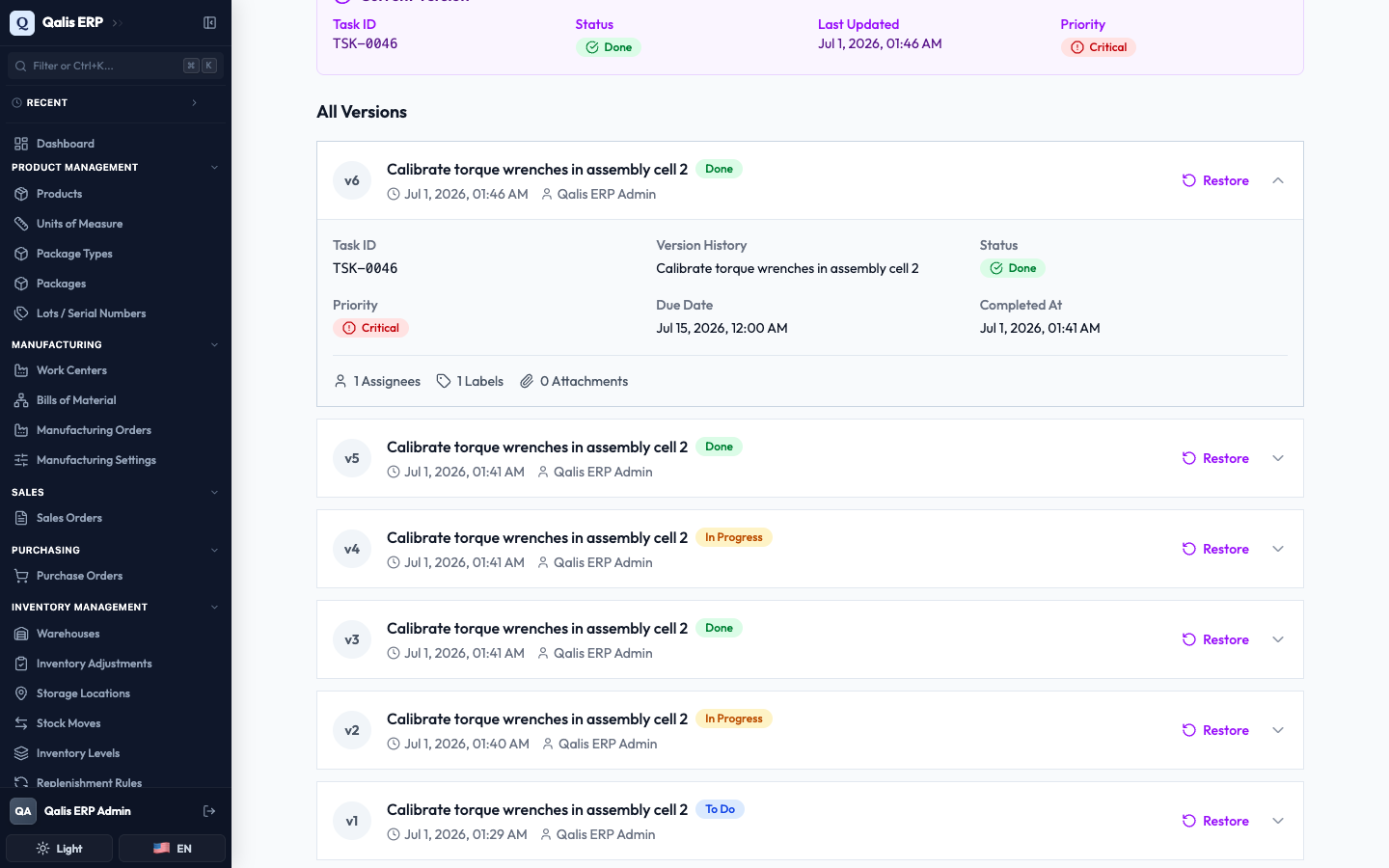 A version expanded to show its full details, with the list of every version below