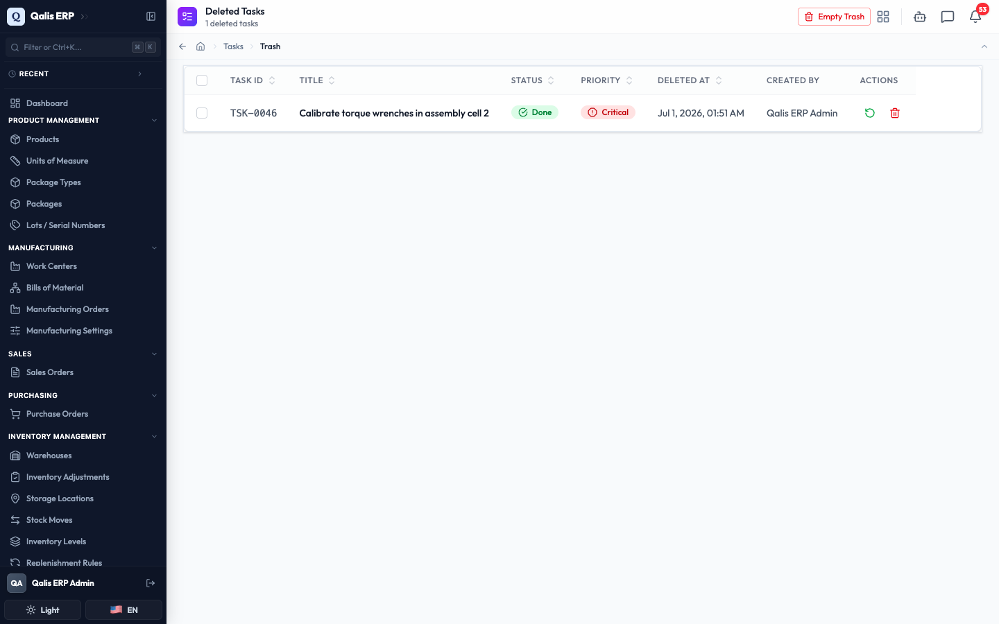 The Deleted Tasks page showing a task in the trash with restore and permanent-delete actions