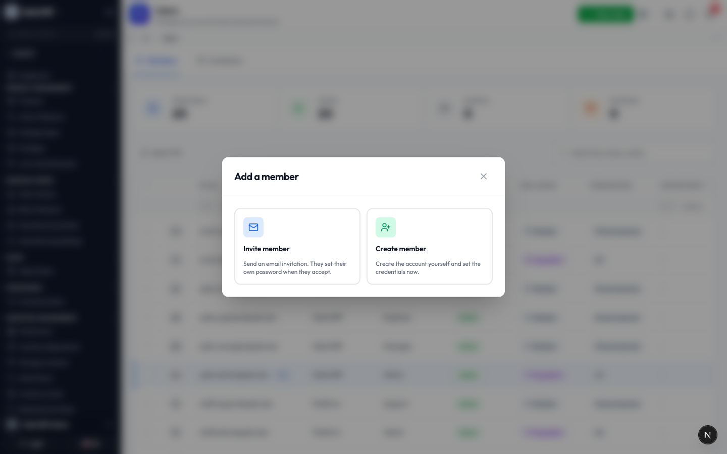 The Add a member window, offering Invite member or Create member