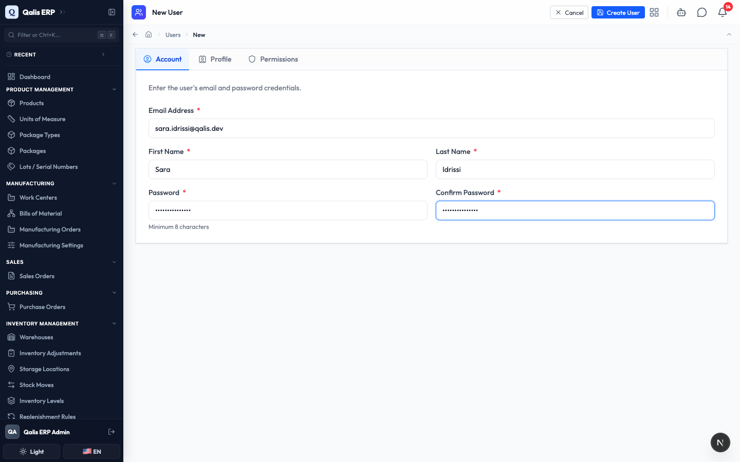 The Account tab of the new member form, filled in