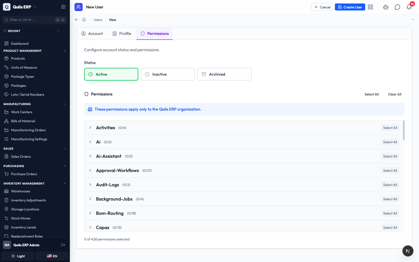 The Permissions tab, with permissions grouped by area and a Select All option per group