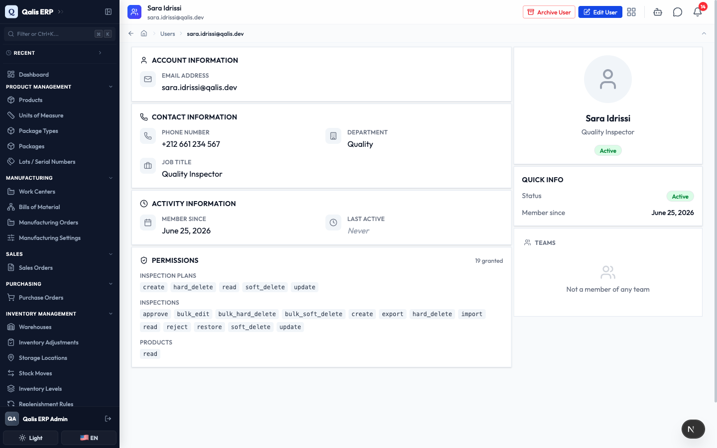 The new member's detail page, showing their granted permissions and teams