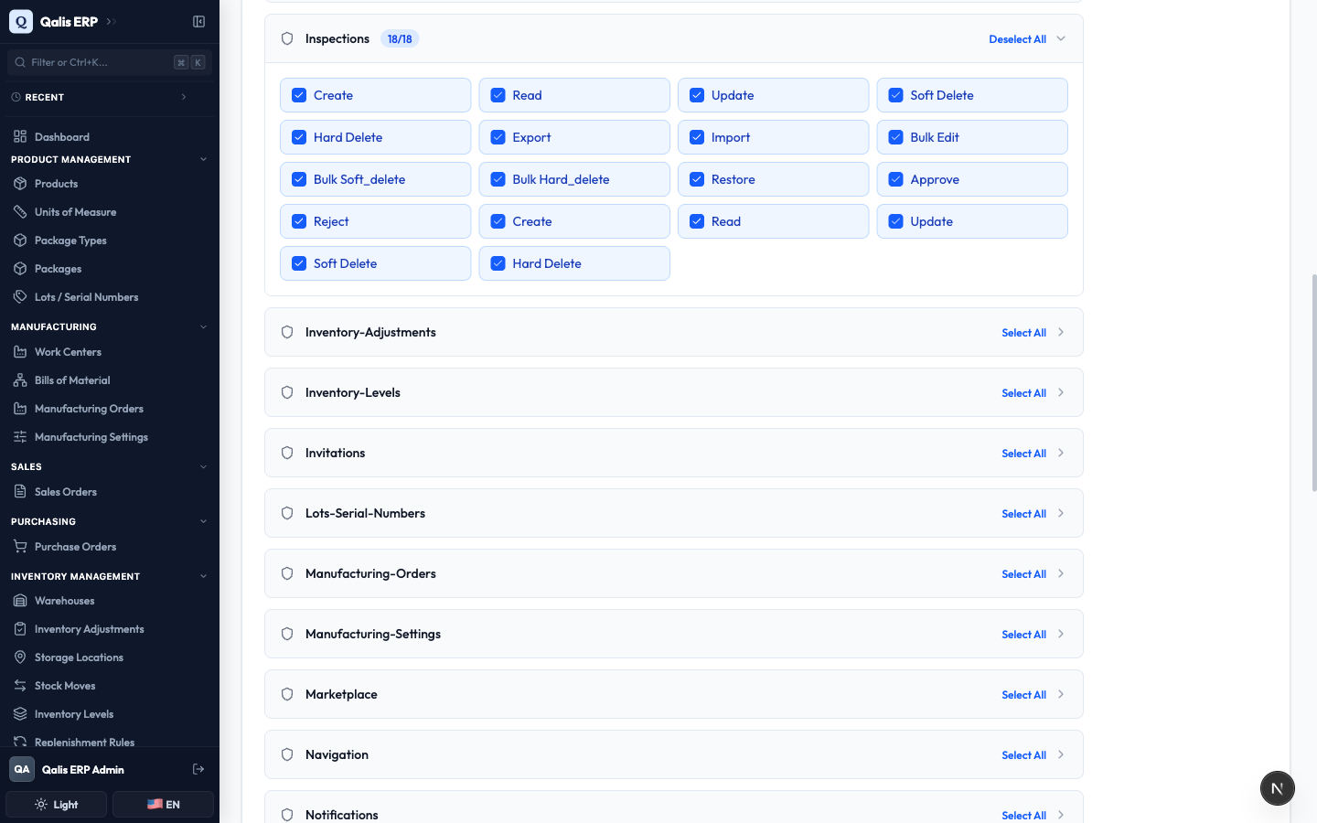 The Permissions step, with the Inspections area fully granted to the team