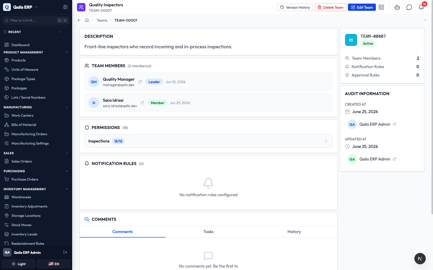 The saved team's detail page