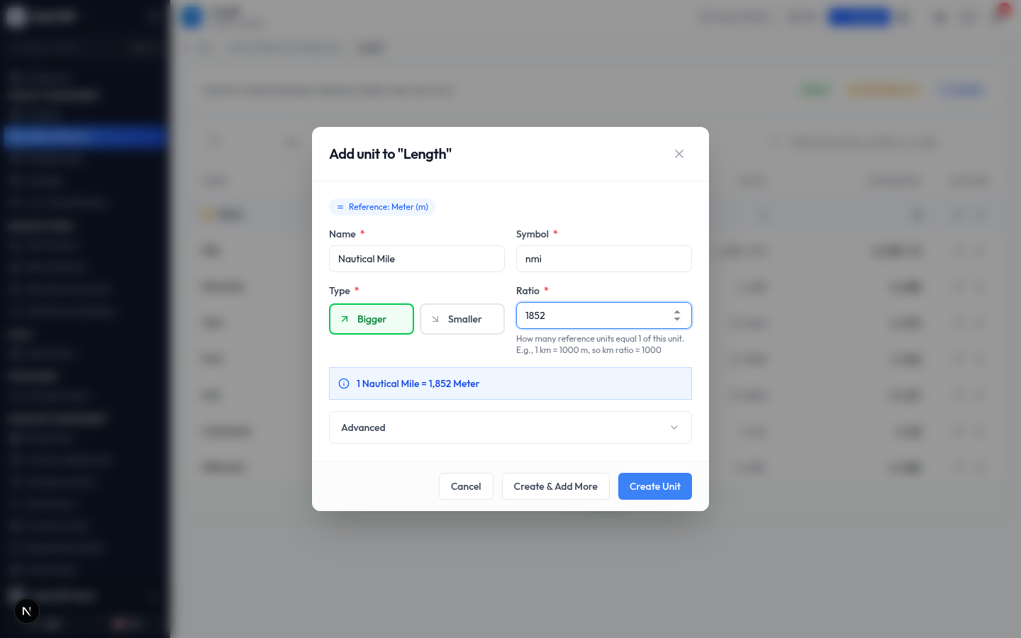 The Add Unit dialog filled in for a Nautical Mile with a ratio of 1852