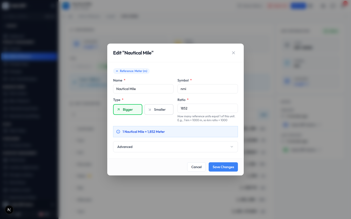 The Edit dialog pre-filled with the unit's current values