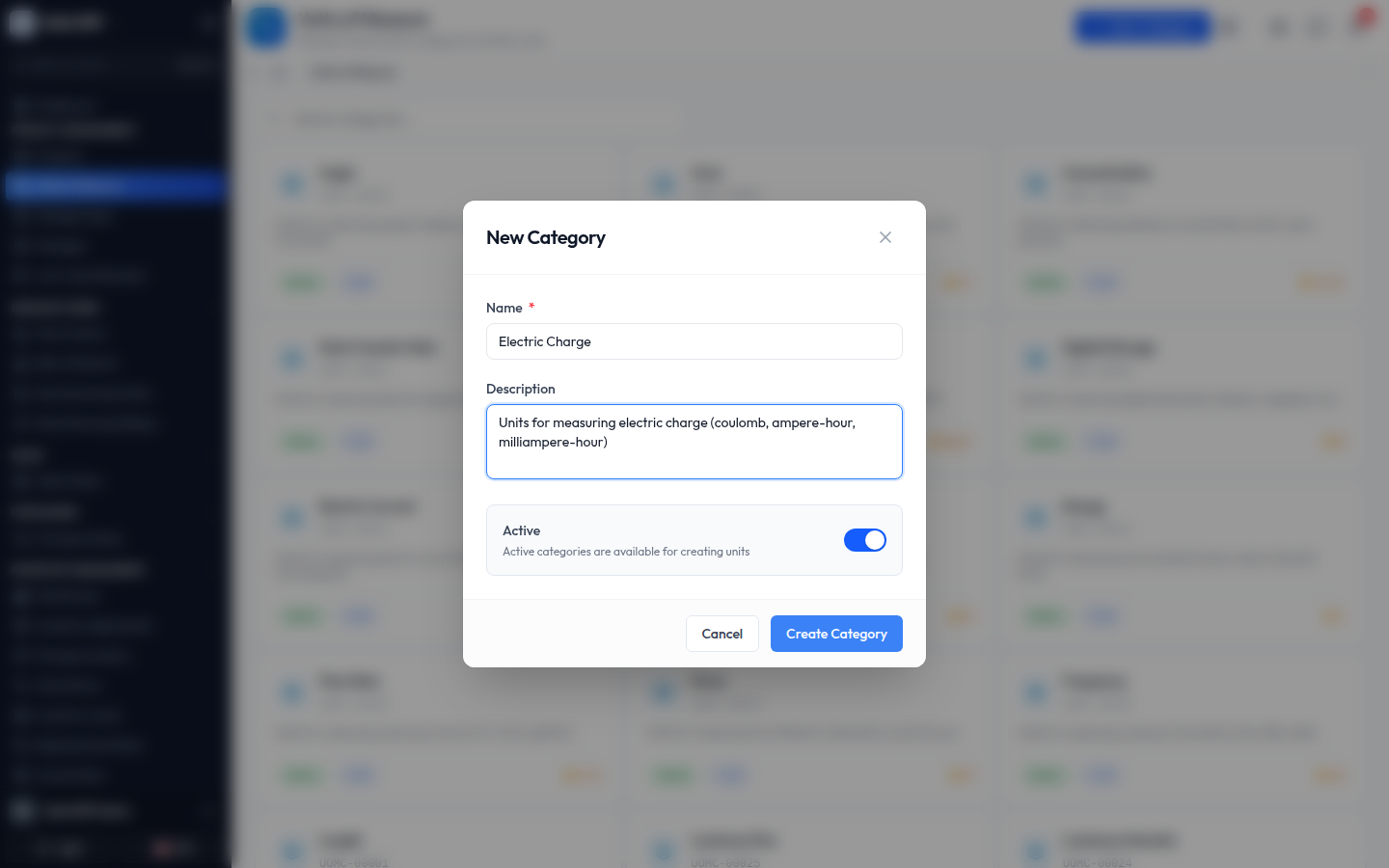 The New Category dialog with a name and description filled in