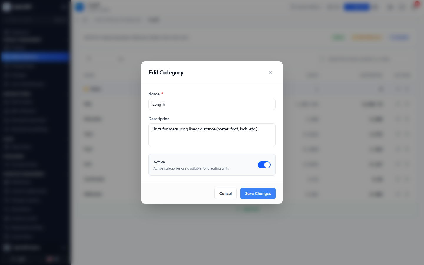The Edit Category dialog pre-filled with the category's current values