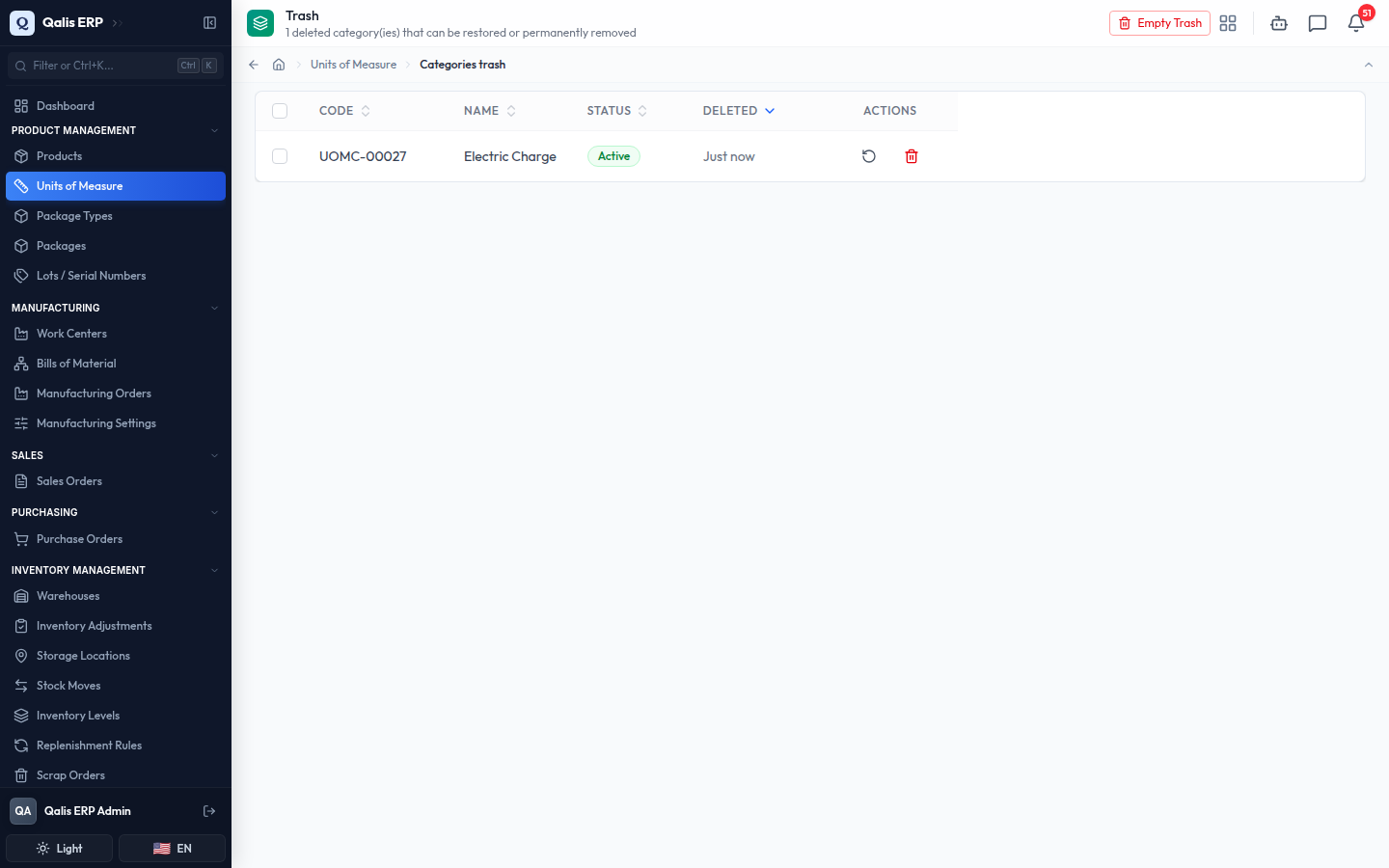 The categories trash showing a deleted category with restore and permanent delete actions