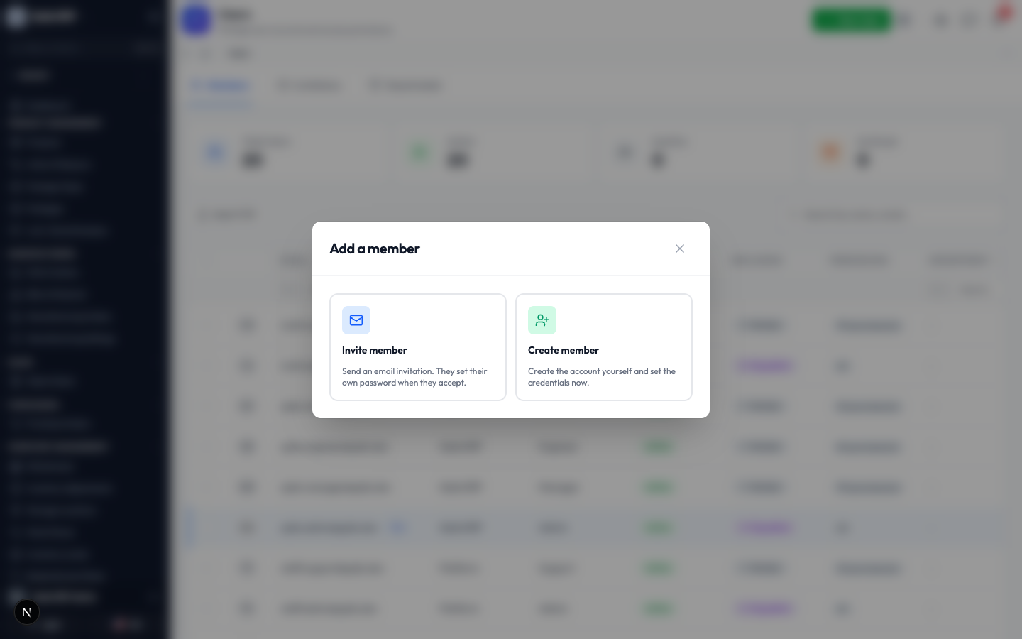 The Add a member window offering Invite member or Create member
