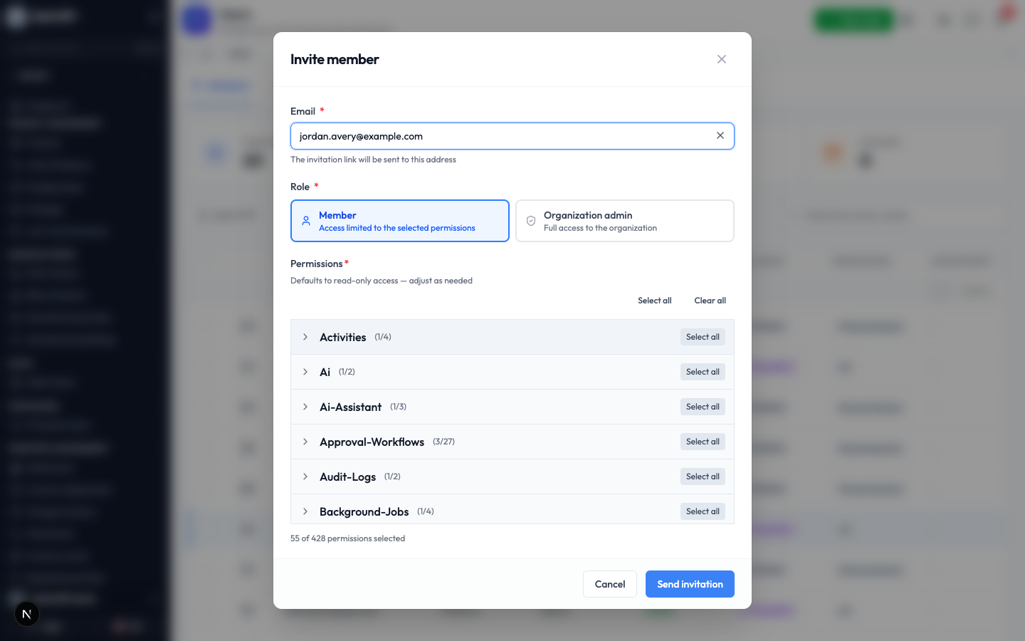 The Invite member window with an email filled in, the Member role selected, and the permission list below
