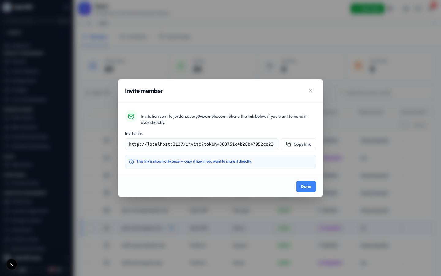 The confirmation showing the invitation was sent, with a copyable invite link