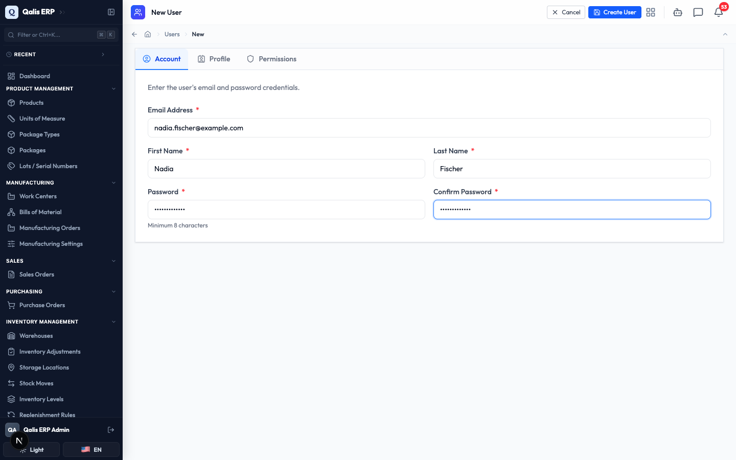 The Account tab with email, first and last name, and password filled in
