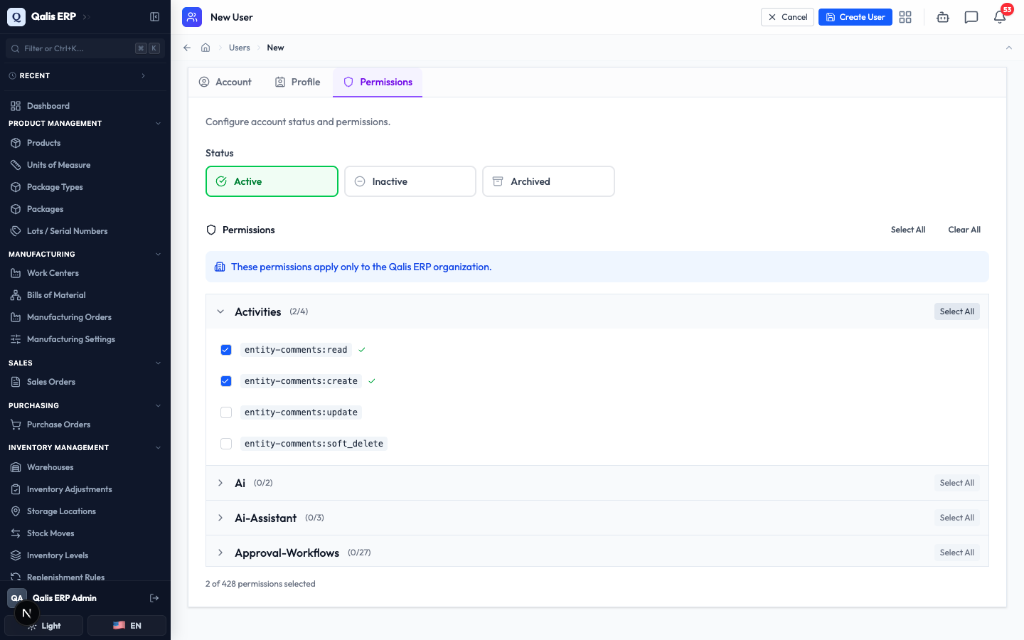 The Permissions tab with the account set to Active and two permissions ticked in an expanded group