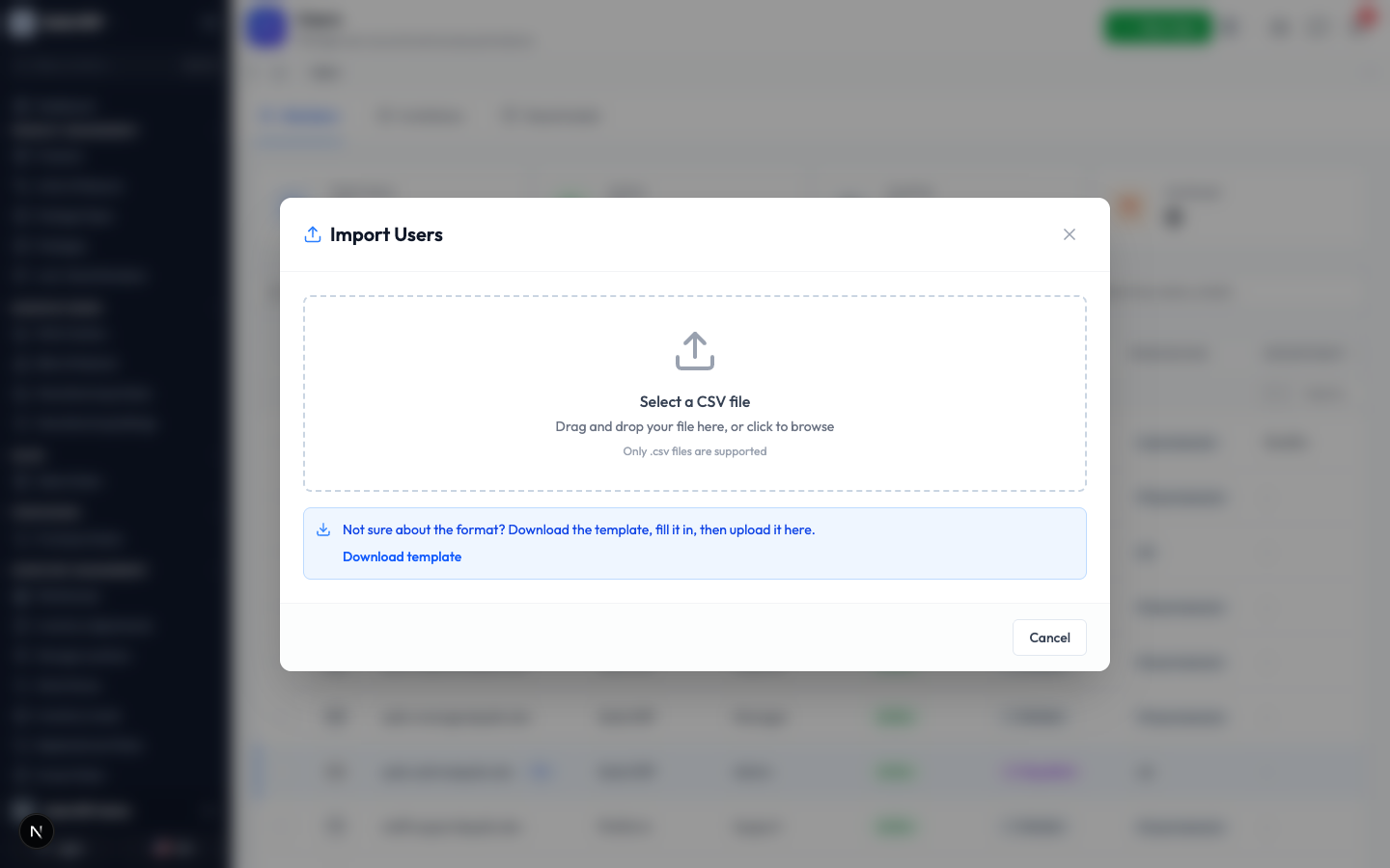 The Import Users window with a drop area for a CSV file and a download template link