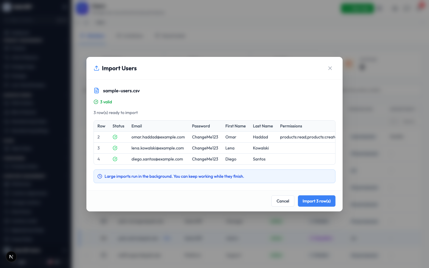 The import preview showing three valid rows ready to import