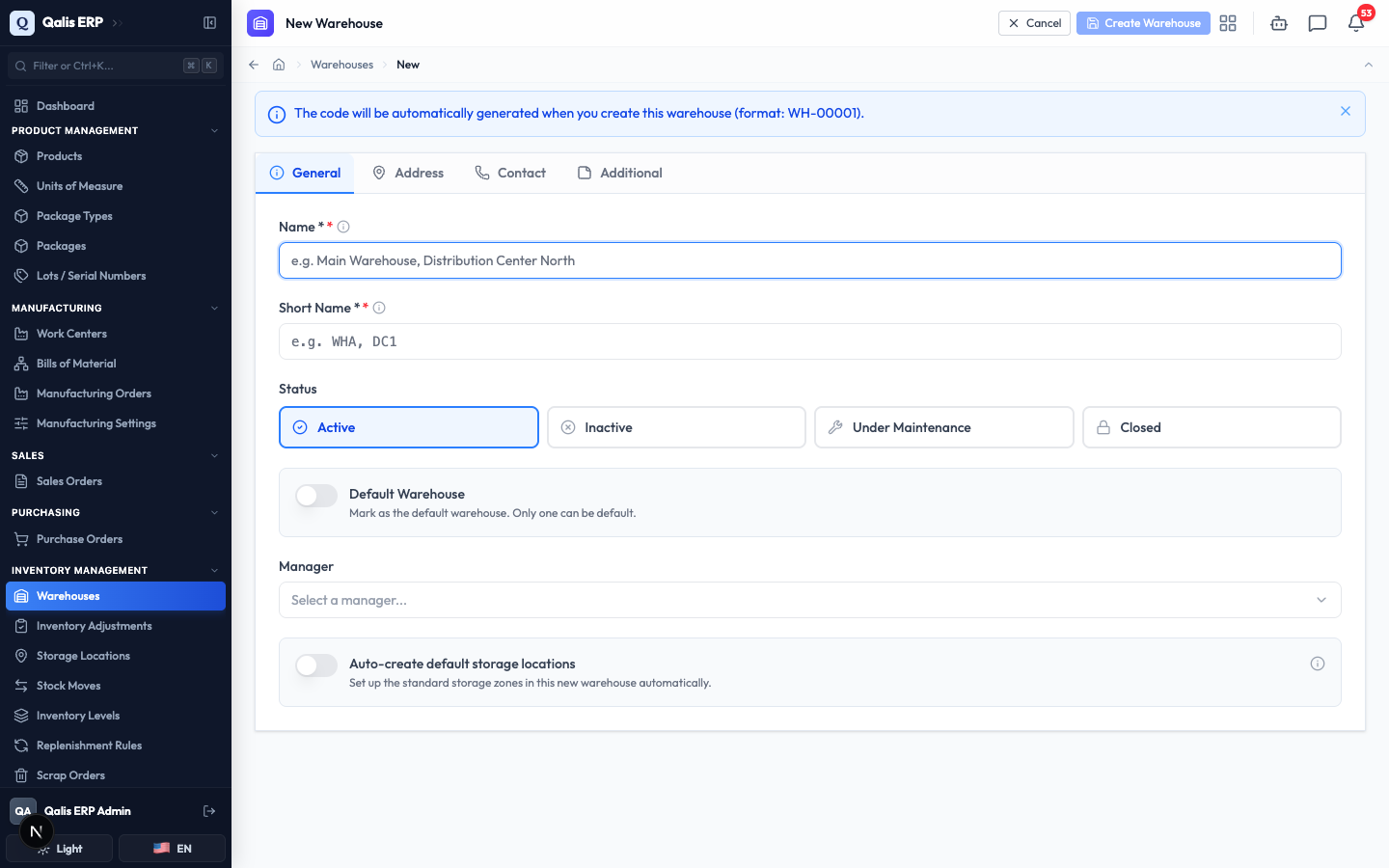 The new warehouse form, open on the General tab